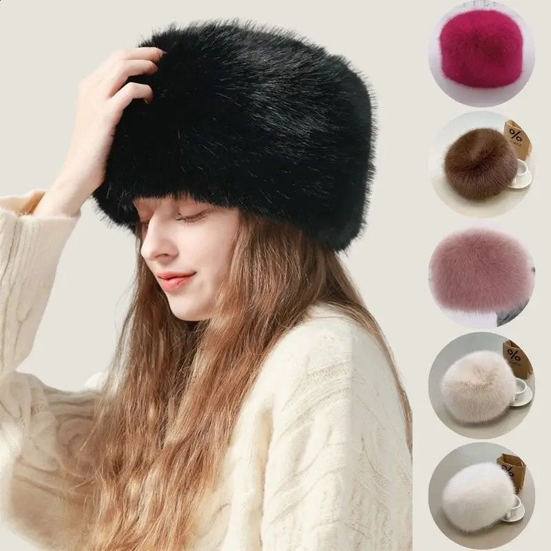 Fur Hat Women Warm Snow Ski Cap Female Fluffy Faux Fur Bucket Hat Thick Winter Outdoor Earwarmer Windproof Ear Protect Caps250812