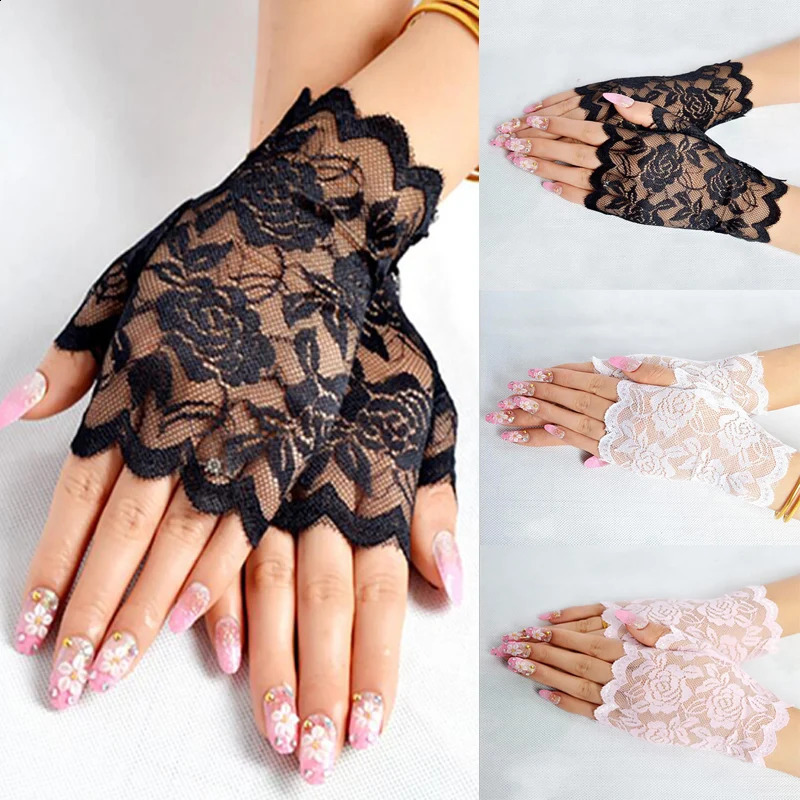Sexy Bridal Lace Fingerless Gloves For Women Party Dressy Sunscreen Girls Mittens Black White Pink 250811