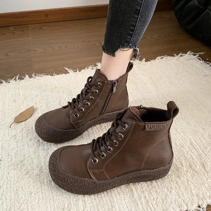 Women Pu Leather Ankle Boots Lace-Up Platform Shoes Ladies Wide Fit Short Boots Woman Oxfors Sneakers Brown Booties 250815