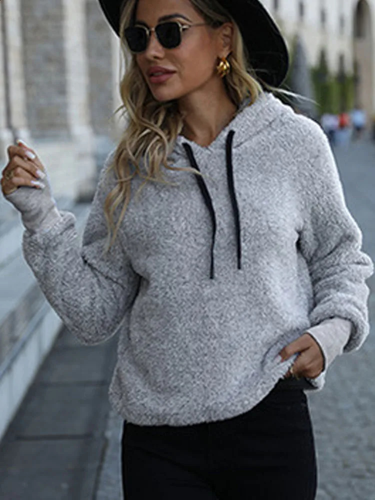 Fairyshely Autumn Winter Women Solid Hoodies Female Long Sleeve Warm Hood Sweatshirt Casual Lady Loose Plush Hoodie Tops 250814