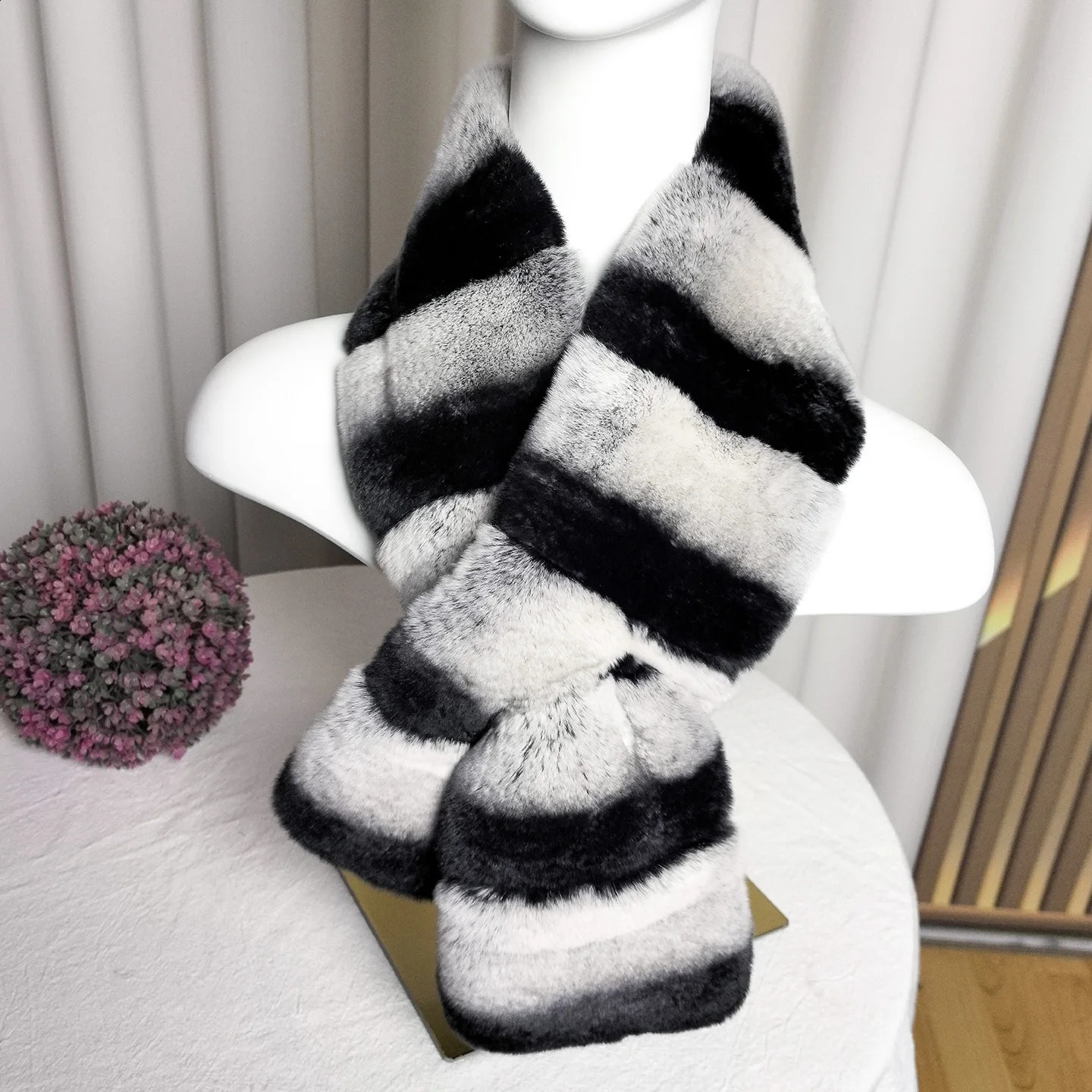Besfilin Womens Natural Real Rex Rabbit Fur Scarf Thickened Double-Sided Genuine Fur Striped Color Warm Autumn Winter Accessory 250812