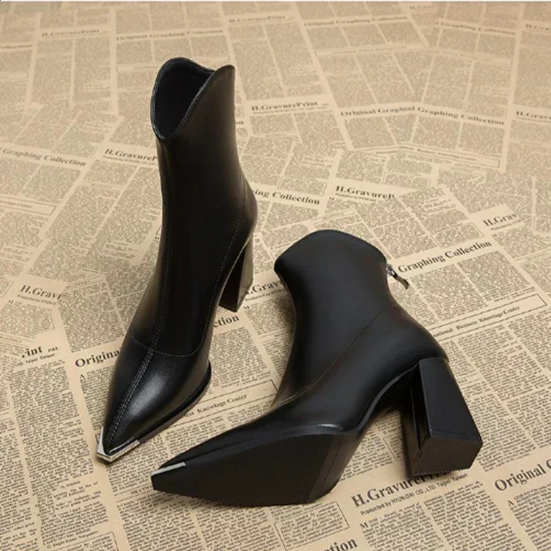 Spring Women Ankle High Heels Shoes Zipper Chelsea Boots Pointed Toe Boots Goth Pumps Motorcycle Botas 250815
