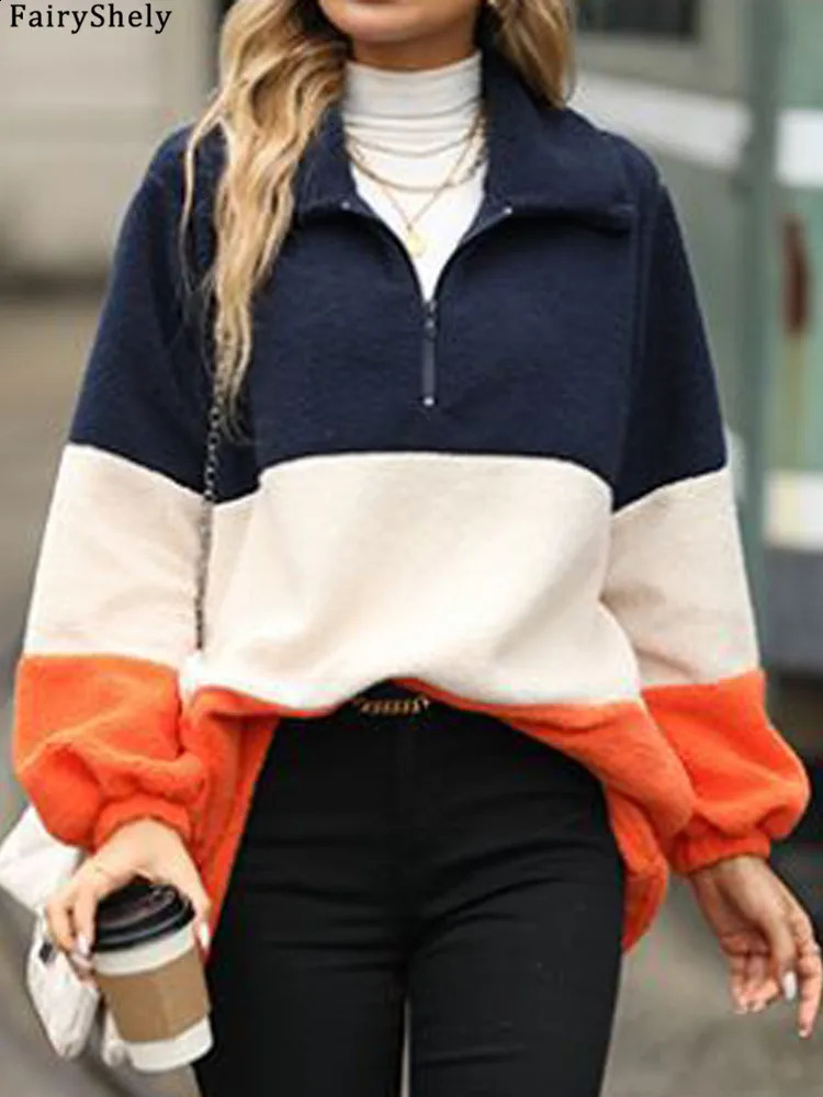Fairyly Autumn Winter Womin Femmes Patchwork Sweat-sweats à manches longues à manches longues Sweatshirt décontracté Lady Loose Sweat à sweat à s