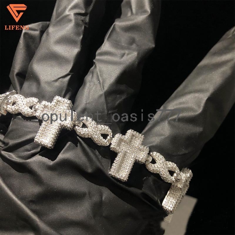 New Design Iced Out Cross VVS Moissanite Chain Hip Hop Jewelry 925 Silver 16mm Diamond Cuban Link Bracelet