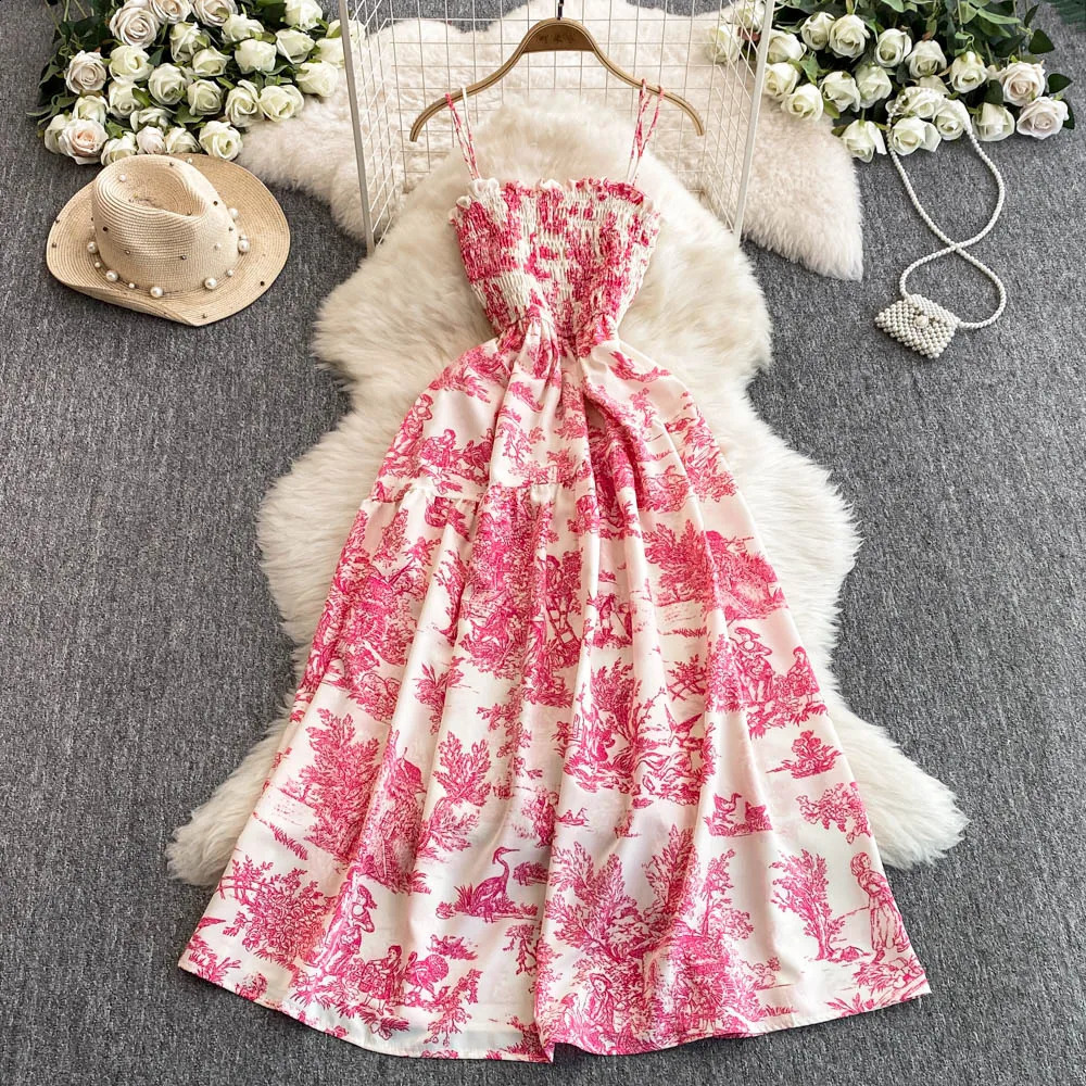 2025 Summer Pink/Purple Flower Print Romantic Retro Party Dress Elastic High Waist Vacation Long Dress Beach Vestido 250808