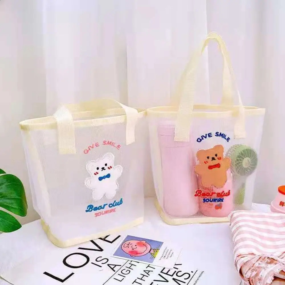 INS Cute Bear Cosmetic Bag Women Fashion Handbag Transparent Mesh Makeup Case Summer Convenient Swimming Outdoor Beach Bag 250811