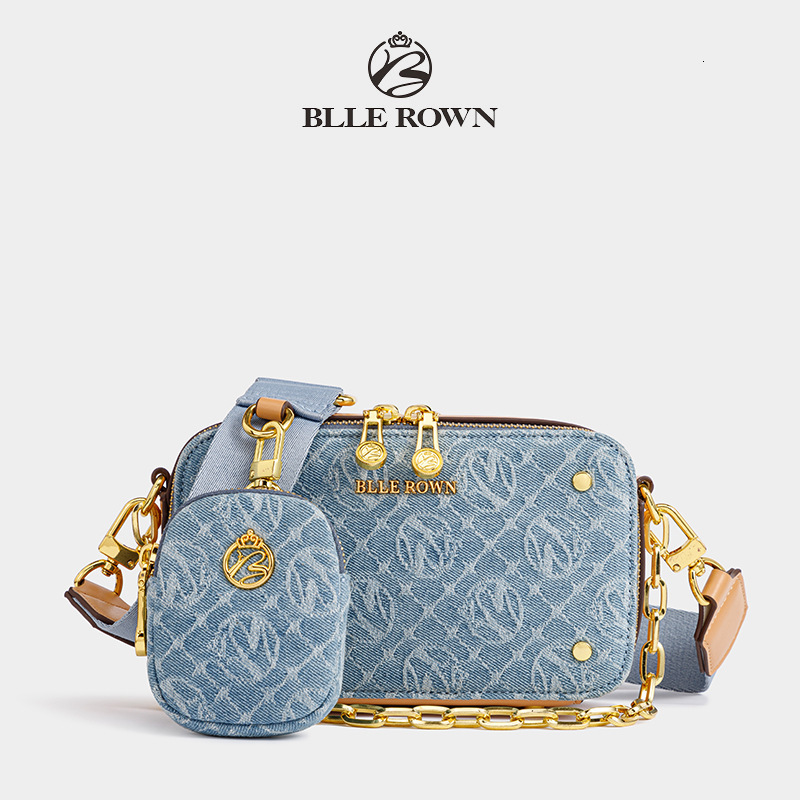 Blle Rown Women's Mini Crossbody Handbag, Chinese-Style Blue Denim Shoulder Bag - Tie-Dye Pattern, Single Chain Strap, Zipper & Hasp Closure, Soft D