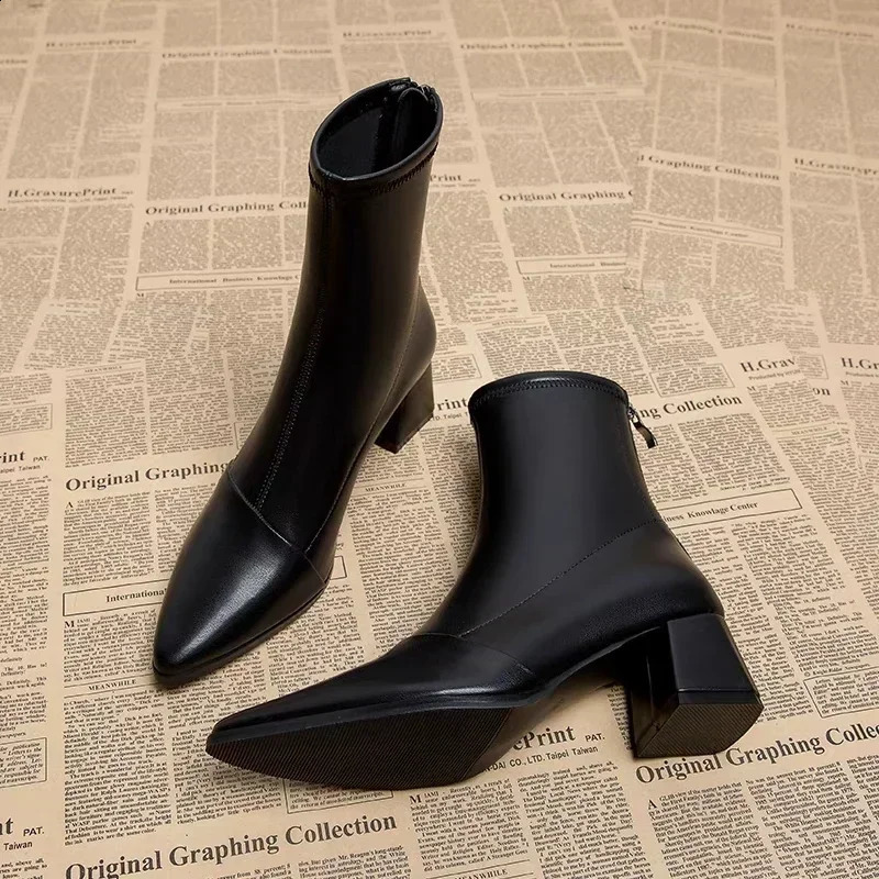 Spring Sexy Chelsea Boots Pointed Tip Thick Heel Back Zipper Middle Follow Women Shoes Microfiber Leisure Comfortable Smooth 250815