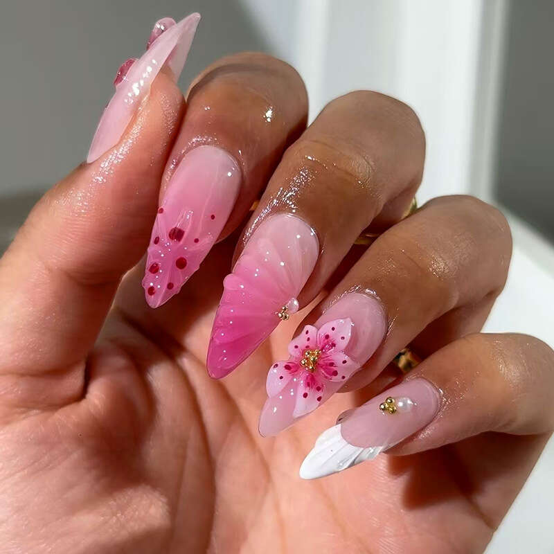 24Pcs False Nails Press On Nail 3D Lily Ice Flower Stripe Polka Dot Rose Pink Gradient Gold Beads Sweet Girl Ins Style Nail Art X250817