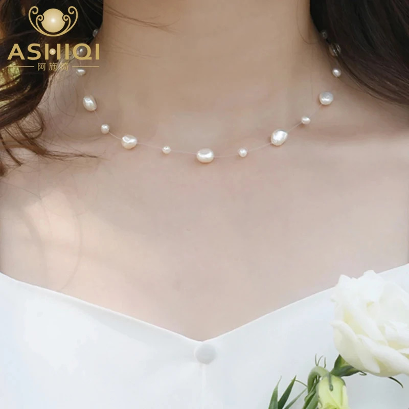 Ashiqi Natural Baroque Collier de perles d'eau douce 925 Collier de tour de cou en argent sterling pour femmes filles 250812