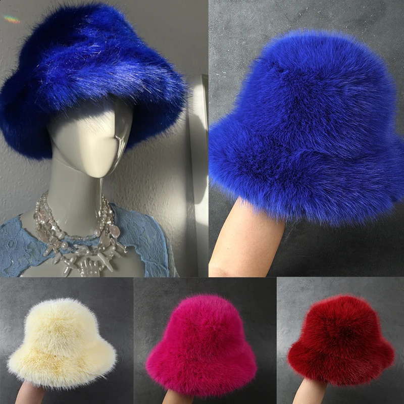 2024 Big Fluffy Faux Fur Bucket Hat for Women Plush Fisherman Hat Warm Winter Hat Thicken Cold Snowy Day Panama Cap y2k250812