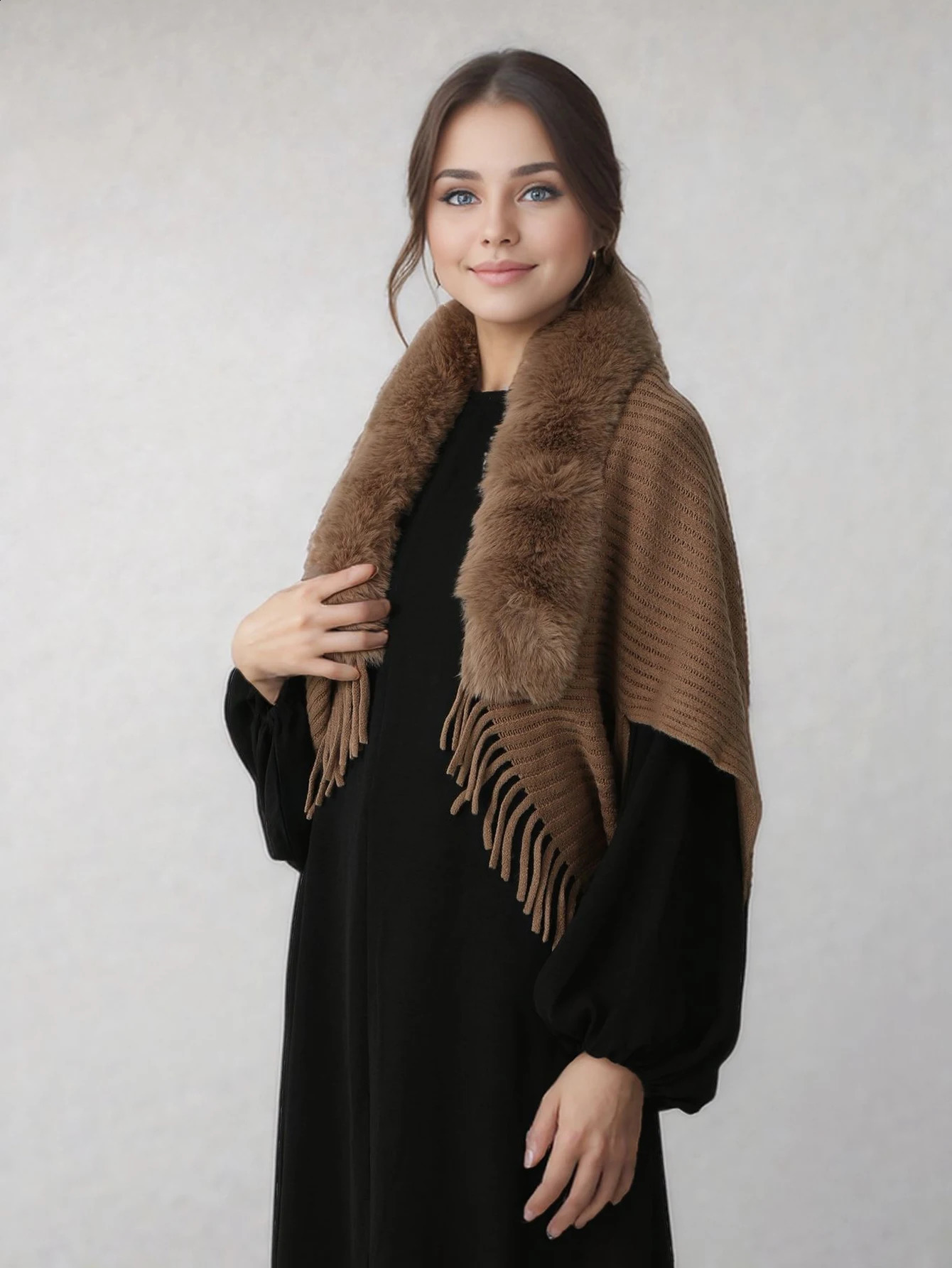 Large Fur Collar Tassel Shawl Winter Warm Shawl Knitted Cardigan Cape Women Stylish Loose Thick Coat 90*90cm 250812