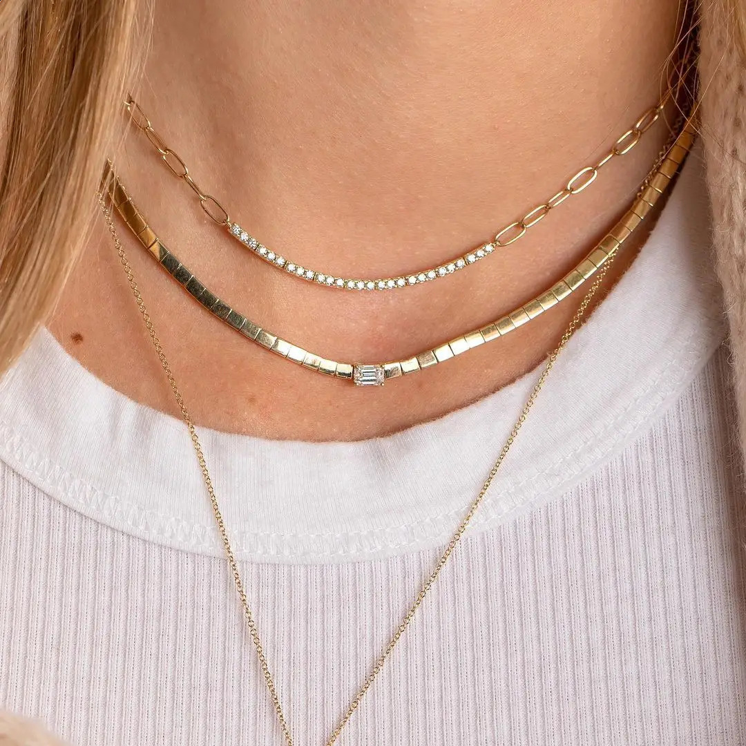 Gold Color Single 5A Bling Rectangle Cubic Zirconia Metal Beaded Tennis Chain 16 Women Choker Necklace Geometric 250812