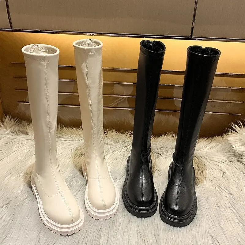 Women Platform Boots Spring Gothic Shoes Long Boots Women Fashion Black Beige Mid Calf Boots Round Toe Slip on Riding Boots 250815