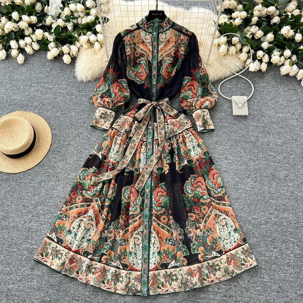 Chic Print Basics Stand Neck Slim Single Breasted Lantern Sleeve Lace-up Dress Vintage Women High Street Evening Party Clothing 250808