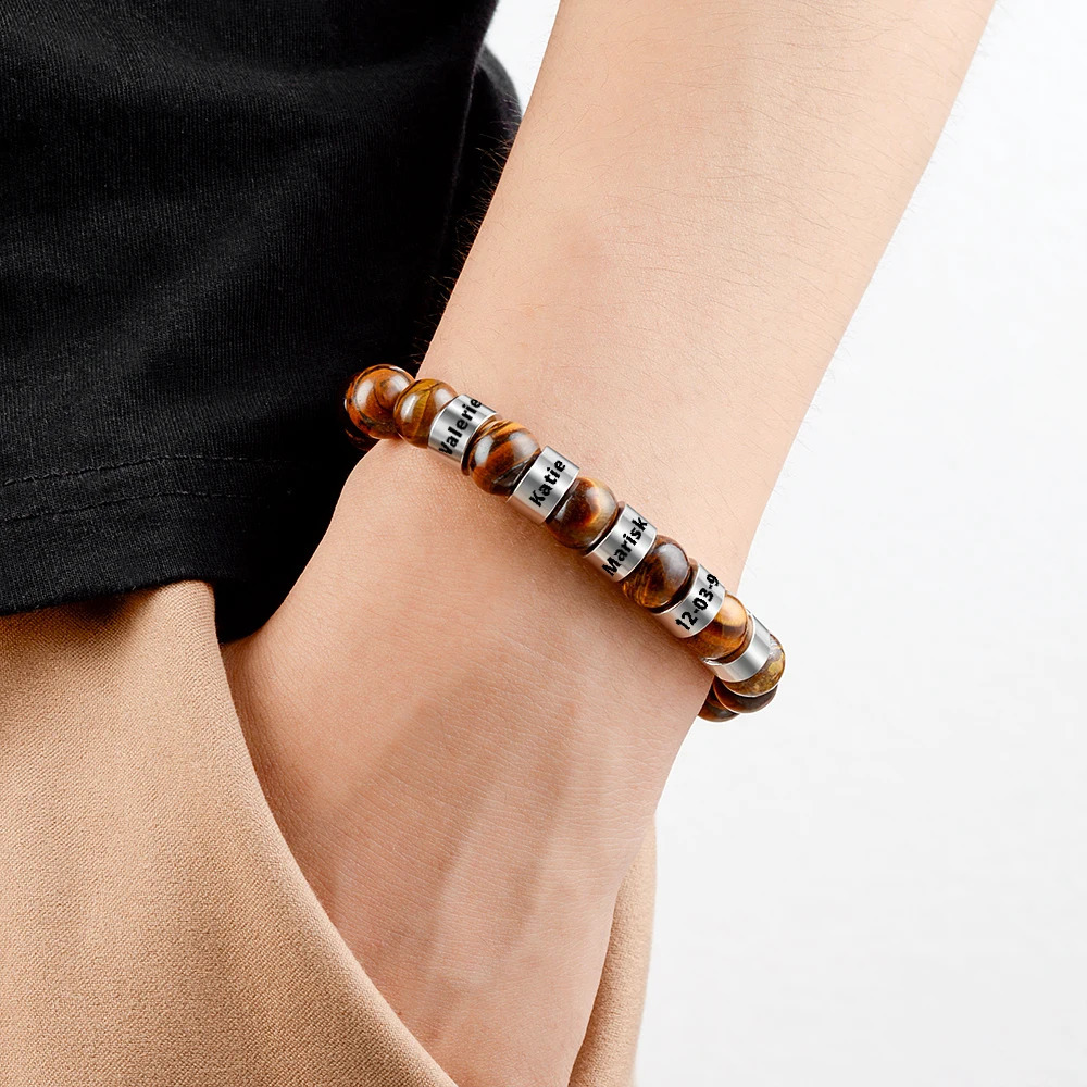 Nom gravé personnalisé Bracelet extensible Symbole Perles en acier inoxydable Bracelet Perles en pierre naturelle pour couple Gift 250813