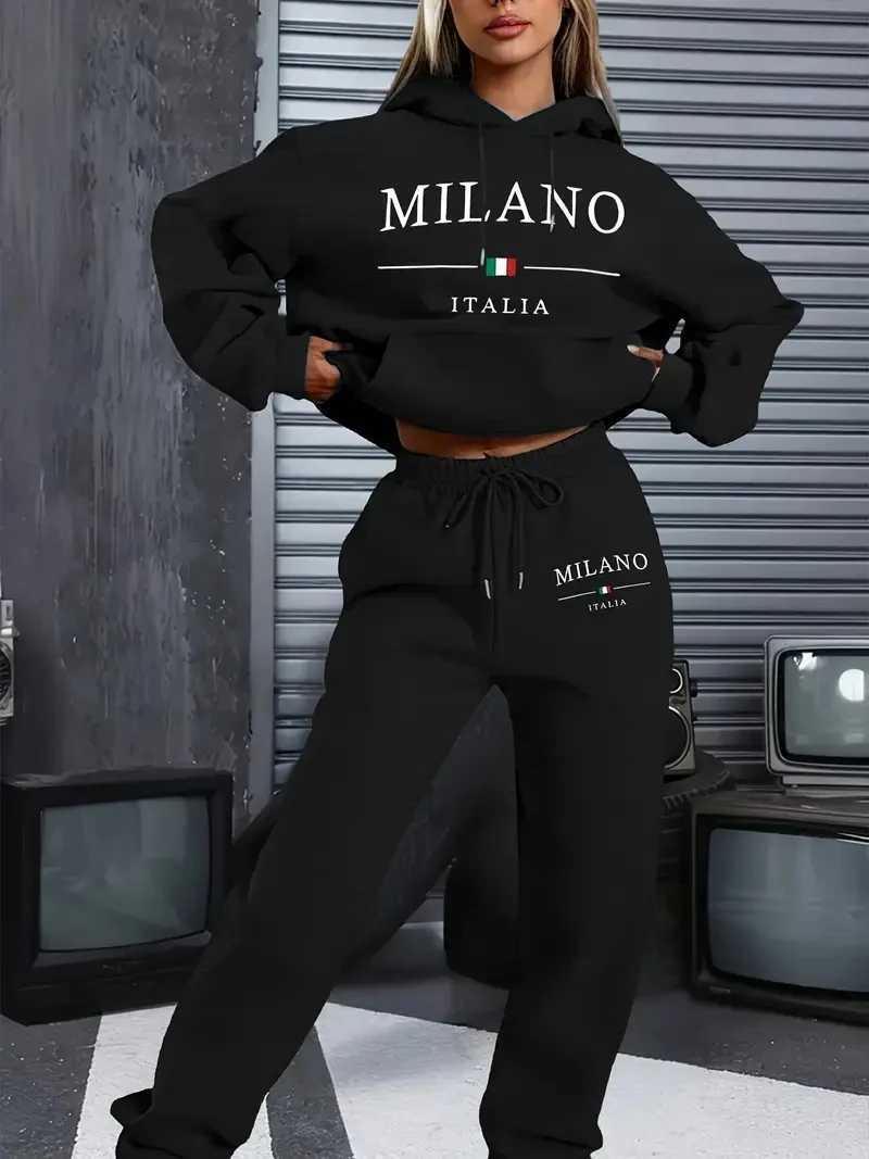 Milan Italian-themed womens casual sweatshirt sports pants long pants suit long sleeve pullover cartoon printed womens suit J250815