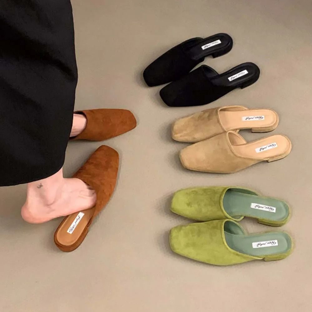 2025 Summer Suede Low Heels Slippers Women Square Toe Leather Casual Slippers Female Daily Walk Slippers Mules Sandals 250815