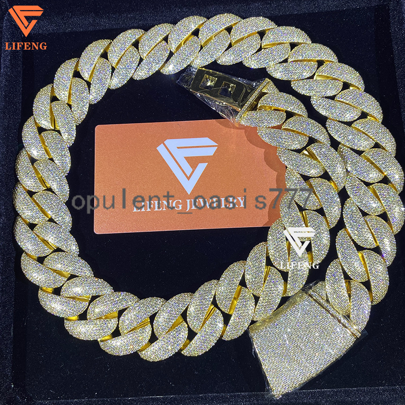 New Fashion 925 Silver Moissanite Diamond Necklace 25mm Ice Bubble Chain Gold Plated Cuban Link Alloy for Men for Hip-hop