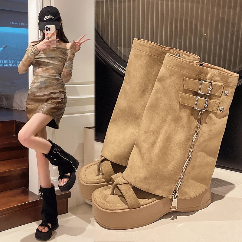 Plate-forme pour femmes sandales mid veau bottes cool sandales chaussures de femme été punk zipper sandalias de mujer 250815