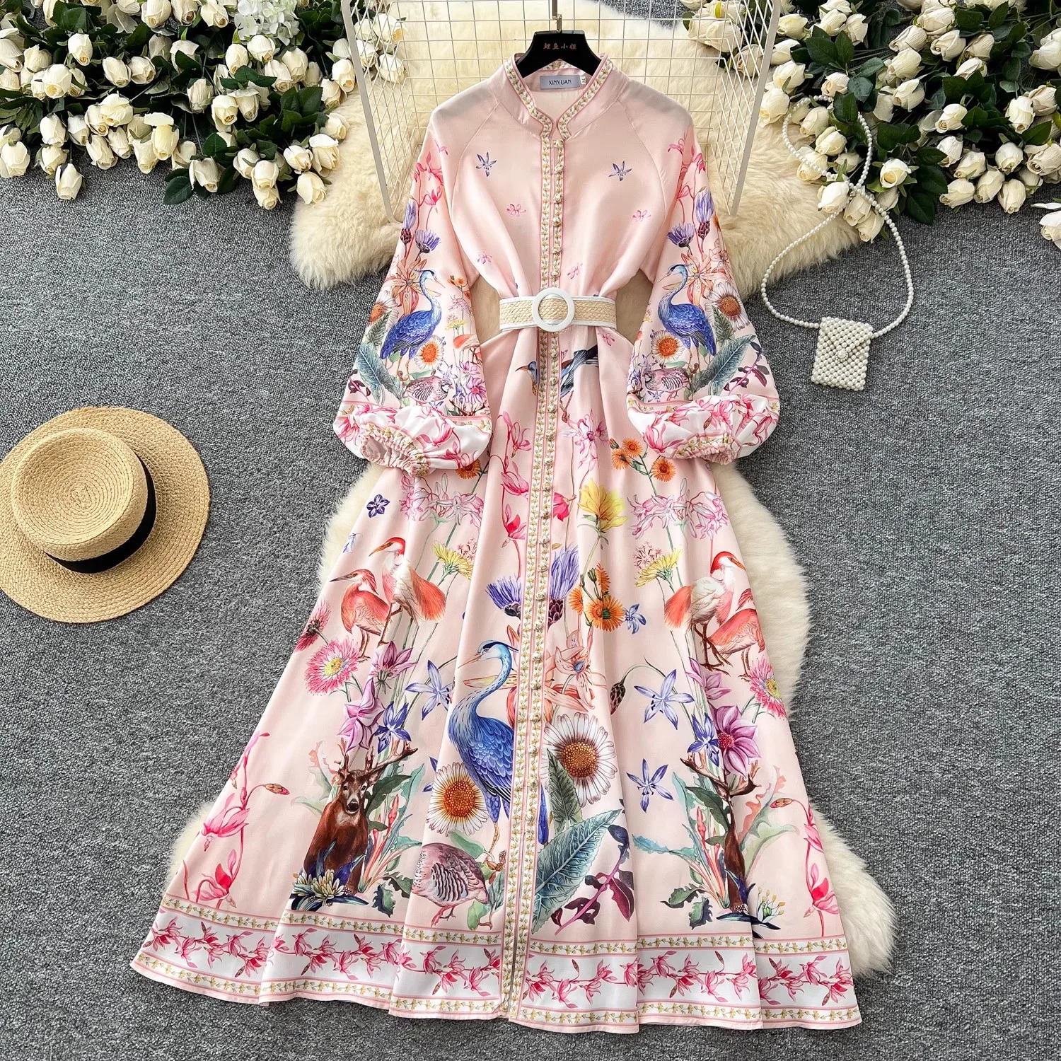 Spring Holiday Bohemian Flower Robe Dress Women Turtleneck Long Lantern Sleeve Single Breasted Floral Print Belt Female Clothing 250808
