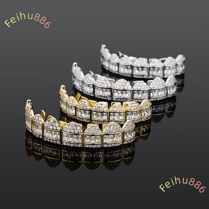 Iced Out VVS Hiphop Round Baguette Grillz for Teeth 925 Sterling Silver Custom Bling Moissanite Grillz