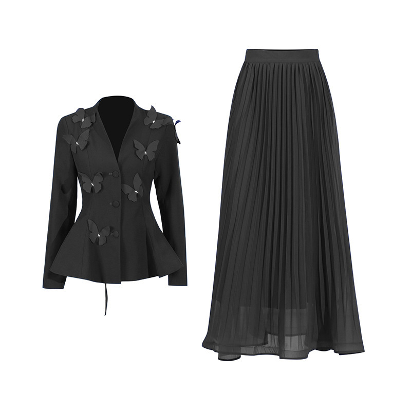 80 2025 Milan Style Autumn Brand Same Style Two Pieces Sets White Purple Black Long Skirt Lapel Neck Empire Sleeveless Dress aicai