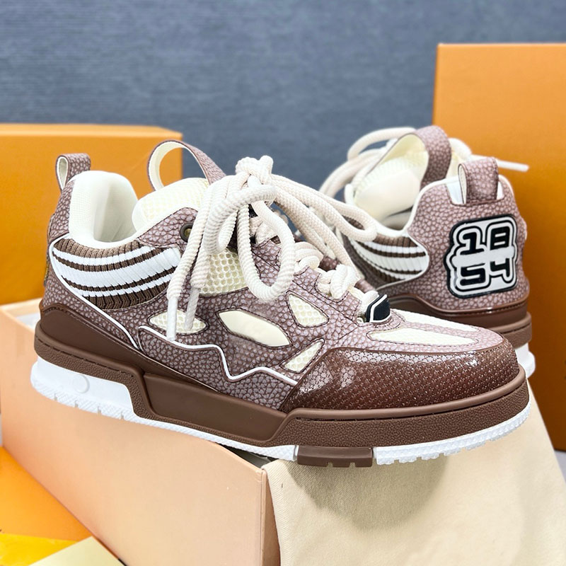 New Men Skate Sneaker Luxury Brown Mens retro calf leather sneakers 25SS Womens Sports Shoes with printed upper design High quality Womens casual sh