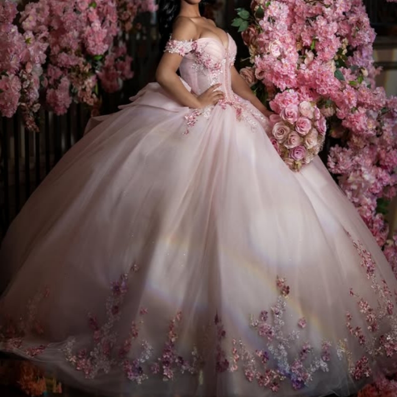 Robe robe de princesse rose douce 16 robes quinceanera robes appliques perles en dentelle tull vestidos d'anniversaire 15 de anos