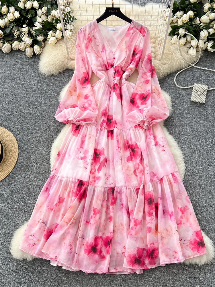SINGREINY Autumn Vacation Print Long Dress Women V Neck Lantern Sleeve Pearl Buttons Chic n French Floral Large Swing Dress 250808