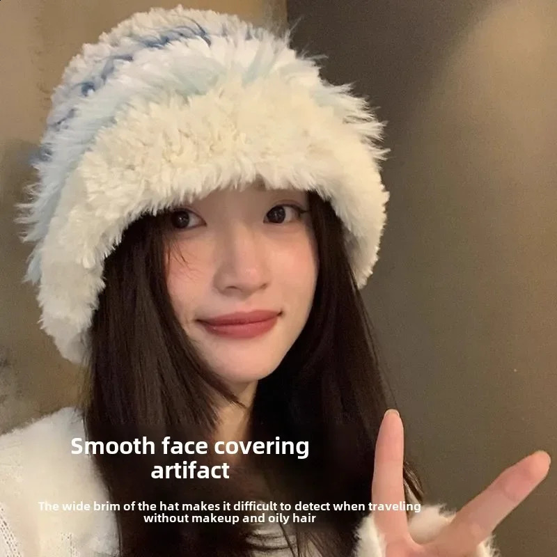 Japan Fashion Plush Fisherman Hat Womens Autumn and Winter Make Your Face Look Smaller Rabbit Fur Knitted Hat Big H... 250815