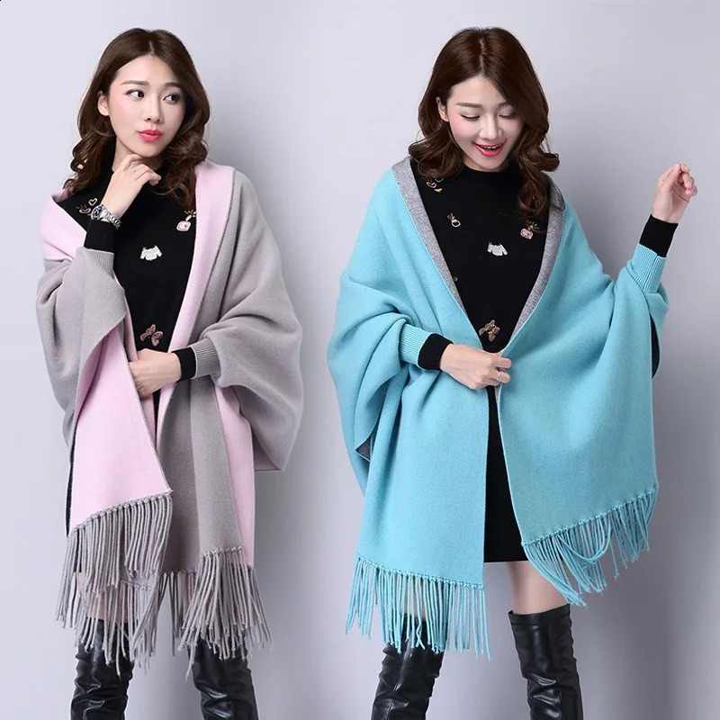 Womens Double-Sided Shawl Scarf Dual-Purpose Tassel Thickened Long Sleeve Cashmere Blended Cloak Jacket 250811