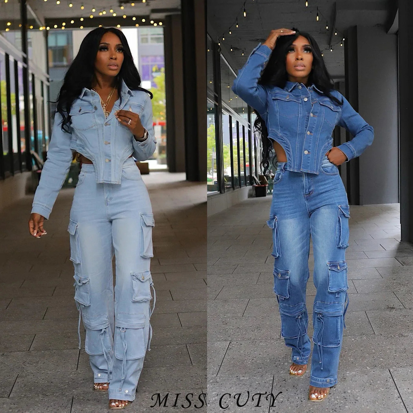 Sexy Denim Jackets Jean 2 Piece Pant Set Outfits Joggers Women Tracksuits Elegant Cropped Denim Jean Coats Two Piece Pant Sets 250813