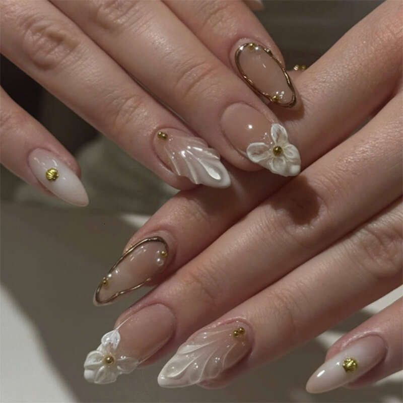 24Pcs False Nails Press On Nail 3D Ripple Pearl White Fairy Butterfly French INS Style Detachable Nail Tips X250817
