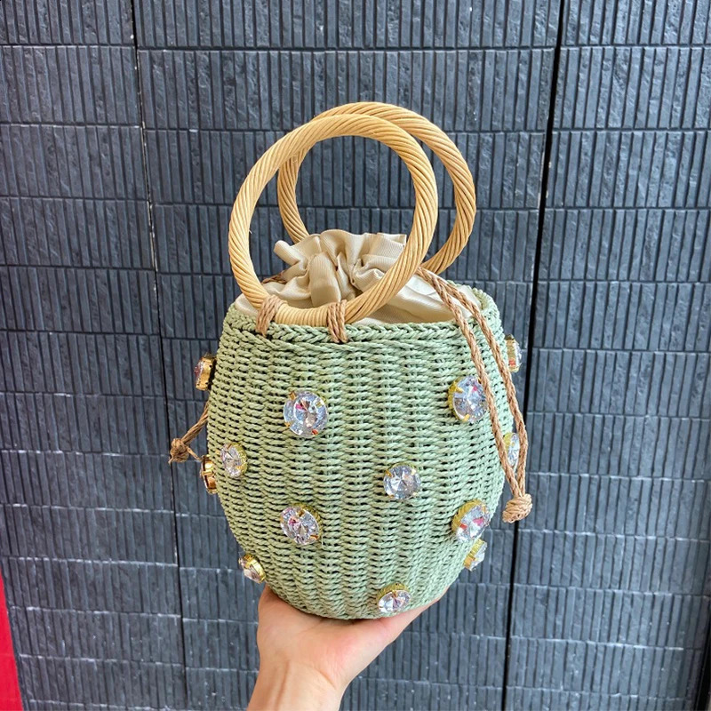 Summer Diamonds Straw Handbag For Women Fashion Woven Handmade Top-handle Bag Rattan Bucket Bag Travel Holiday Beach Bags Bolsa 250815