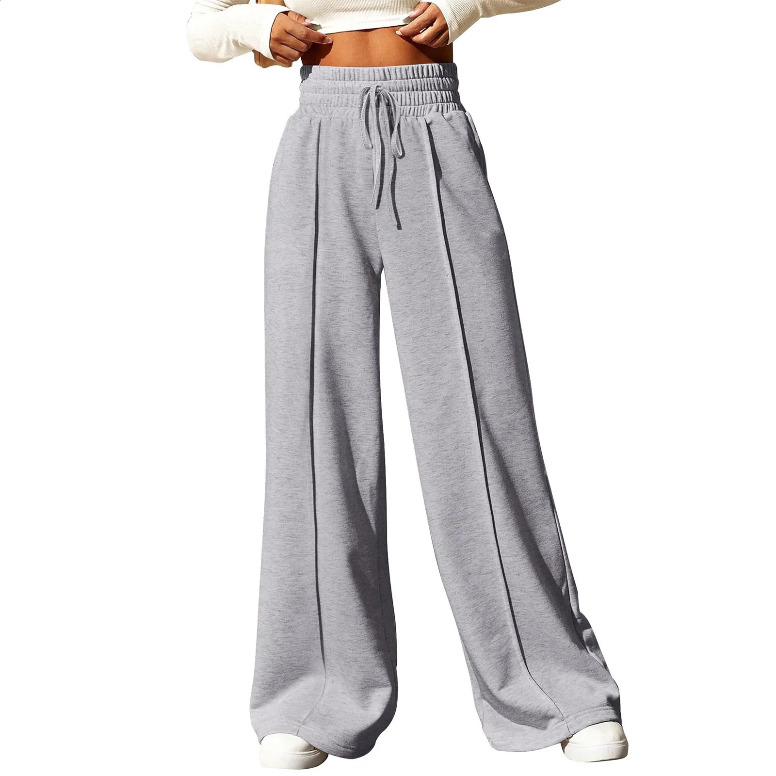 Womens Fashion Solid Colour High Waisted Drawstring Waist Wide Leg Sweatpants with Pockets Casual Loose Yoga Pants 50813
