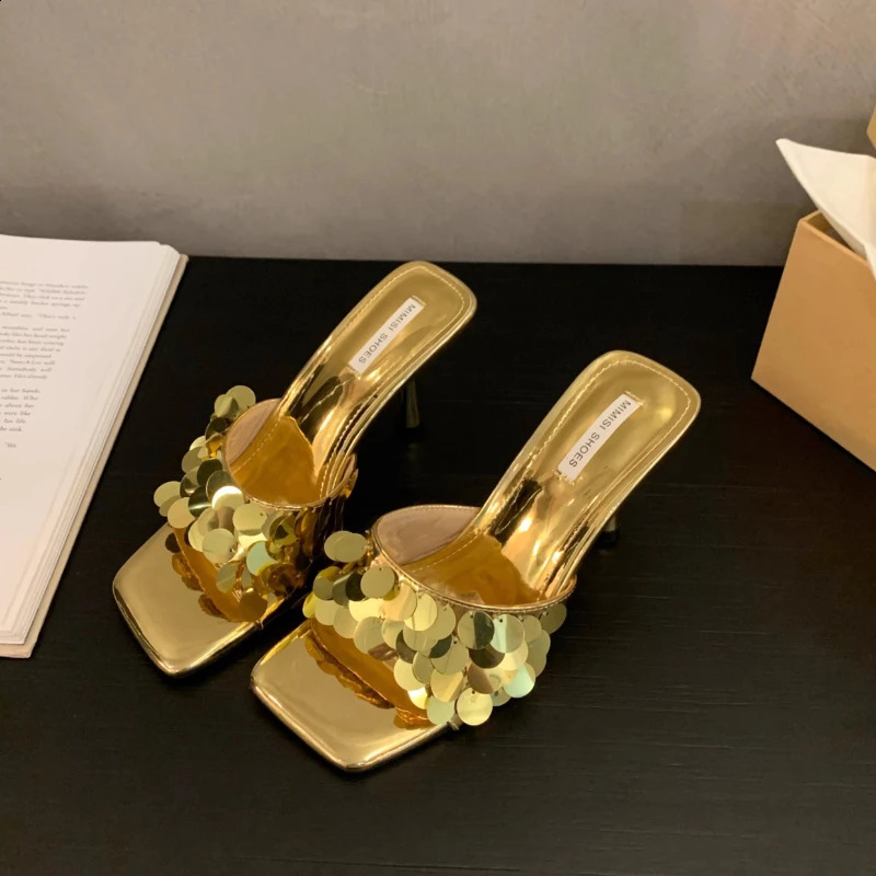 Summer Selling Womens High Heels and Slippers Fashionable and Elegant Square Toe Outdoor Versatile Silver Women Shoes 250815