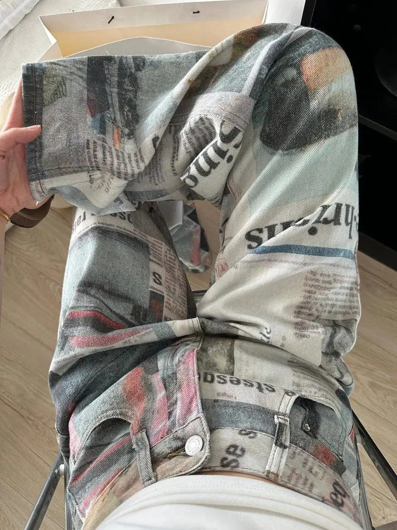 American style high street personalized printed spaper jeans for men and women summer straight tube loose wide leg pants y2k 250815
