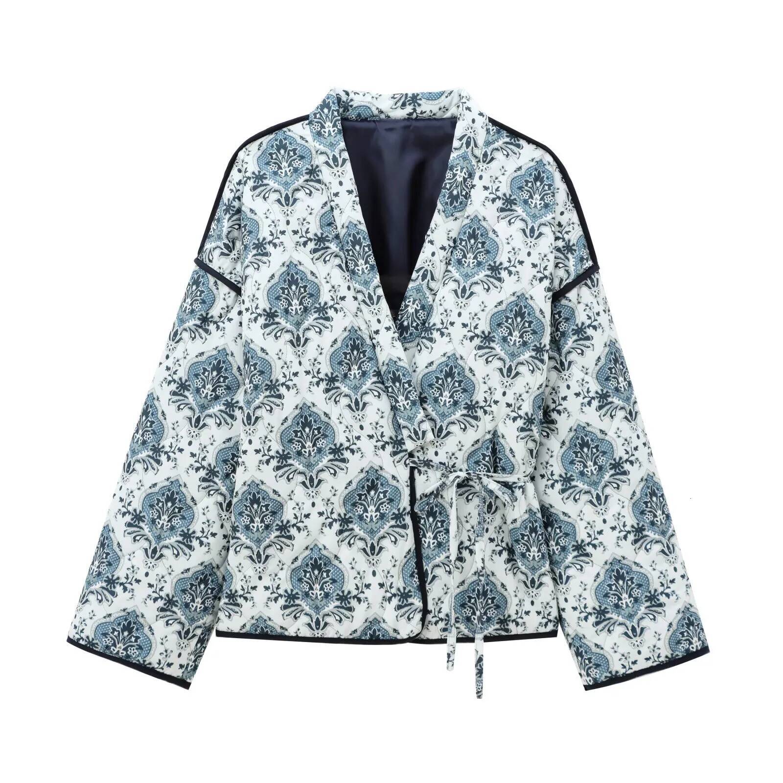 Bsktraf automne et hiver nouveau mode de la mode féminine enveloppe florale lâche nouée en dentelle kimono veste en coton