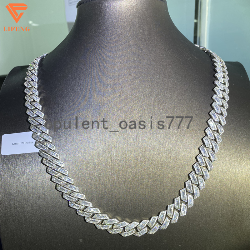 925 Sterling Silver Iced Out 12MM Baguette Miami Hip Hop Cuban Link Chain with Pass Diamond Tester Moissanite Necklaces