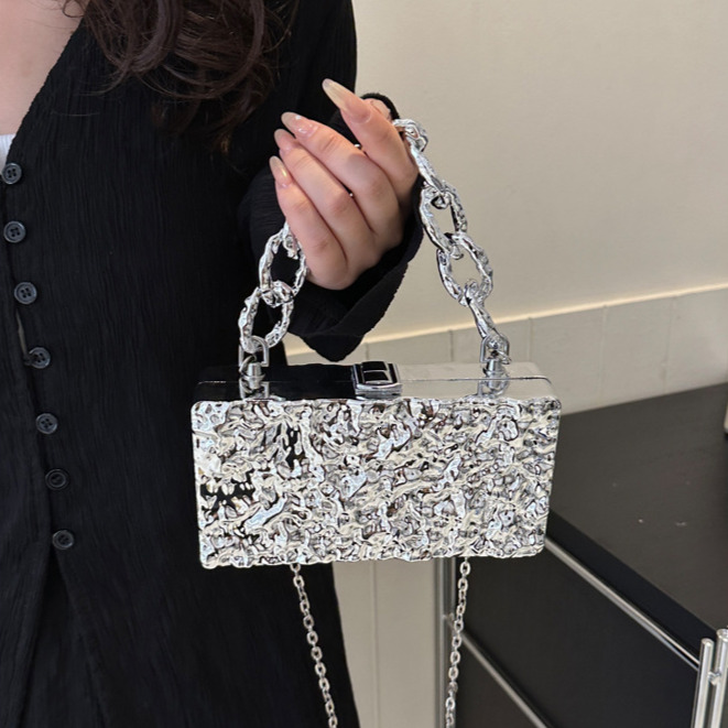 Acrylic Chain Shoulder Bag, Japanese-Korean Style Medium Half-Moon Crossbody Handbag with Hard Shell, Nylon Lining, Key Chain Holder, Exterior Pocke