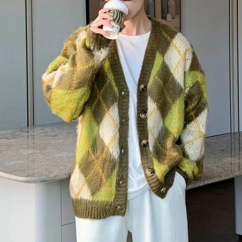 Autumn Winter Men Sweater Coats VNeck Button Pineapple Check Contrast Color Fashion Lazy Wind Long Sleeve Cardigan Knitted Tops 250813