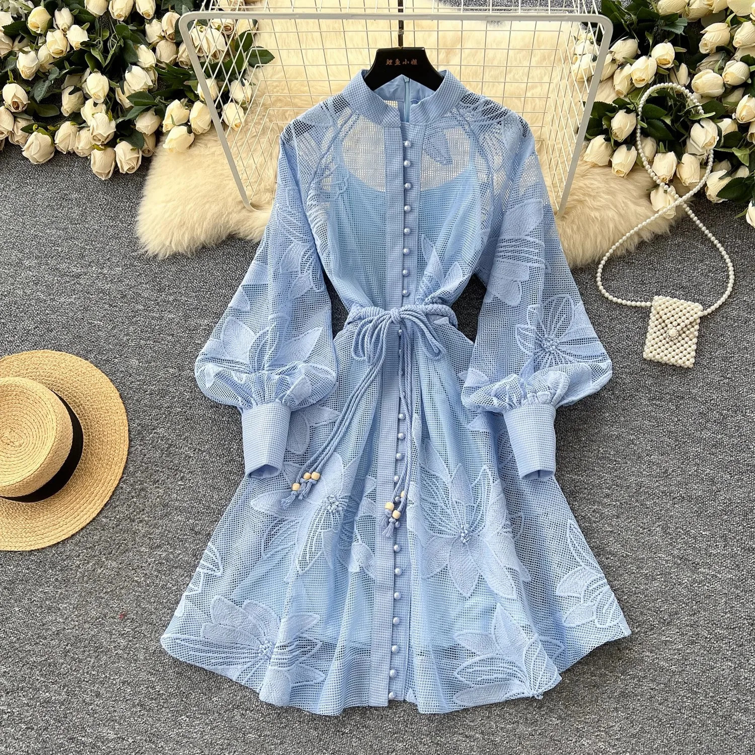 Spring Summer French Lace Embroidery Womens Dress Stand Collar Long Lantern Sleeve Single Breasted Belt Party Birthday Dress 250808