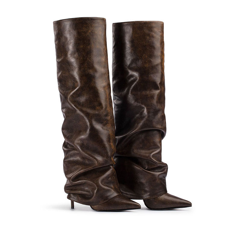 Luxury Designer Women's Shoes Wrinkled Women's Knee High Boots Pointed Toe Thin High Heels Female Long Boots Sexy Femme Shoes