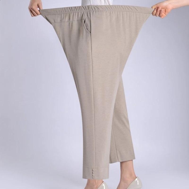 Plus taille 7xl8xl pantalon élastique élevé pour les vieilles femmes d'âge moyen Pantalon de printemps d'été mince taille élastique pantalon de j