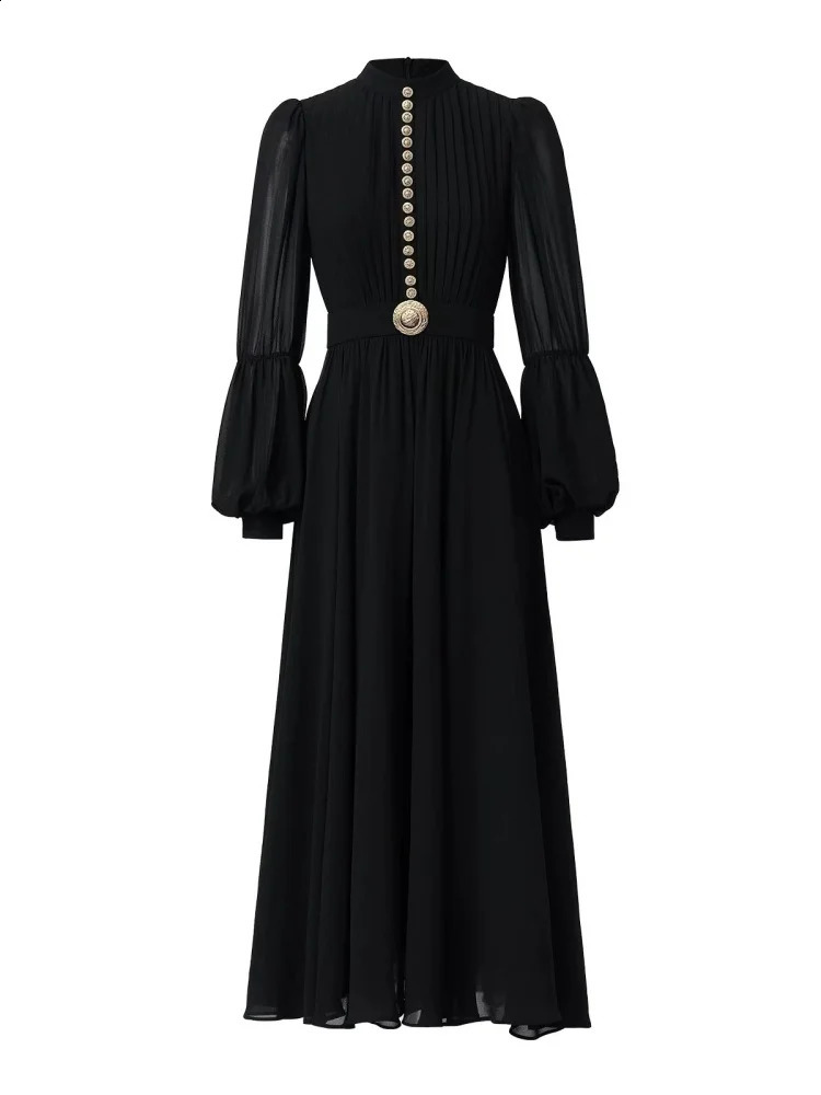 French High-End Elegant Long Dress 2025 Spring Fashion Metal Buckle Slimming Waist Lantern Sleeves Chiffon Long Dresses 250808