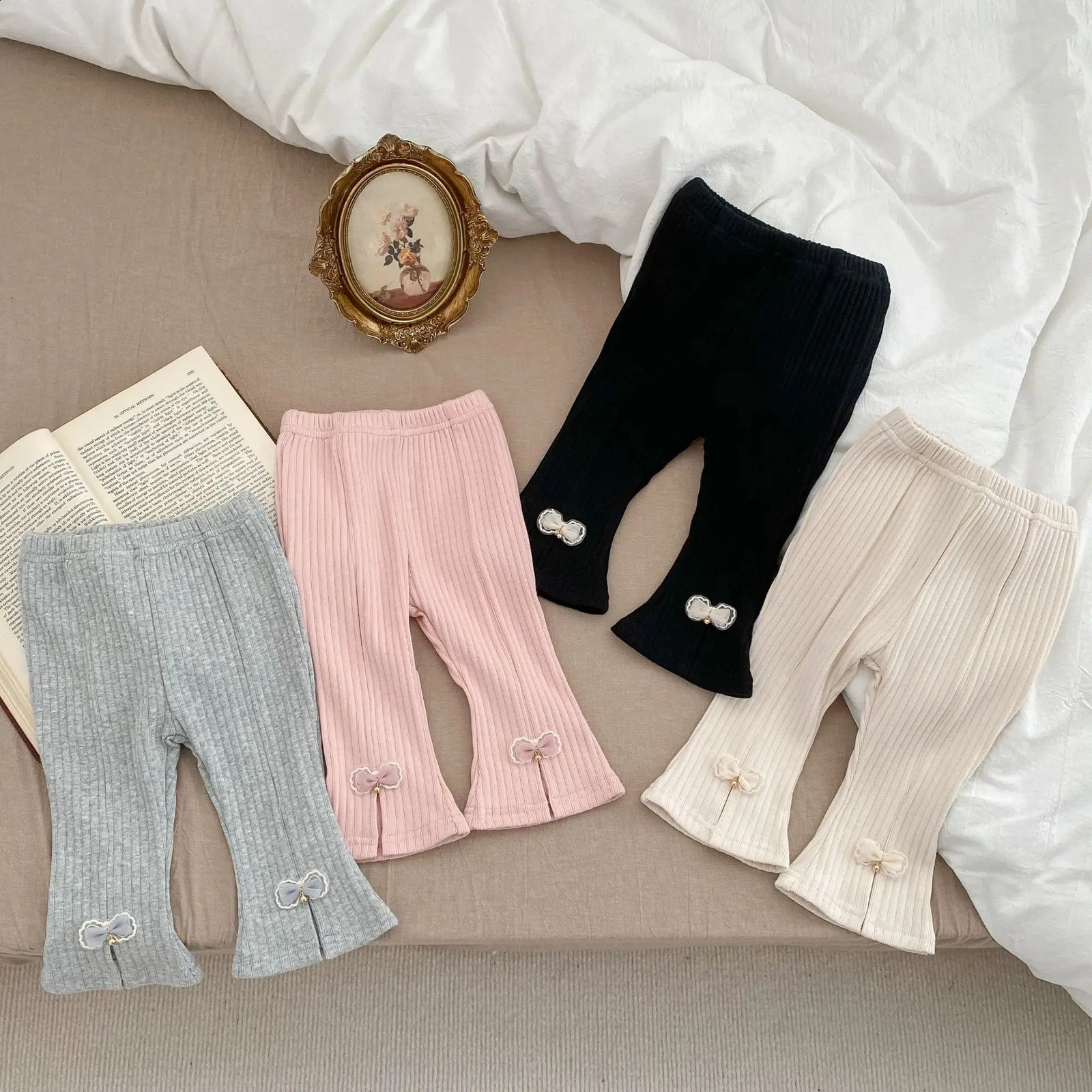 4950A Korean Girls Pant Spring Summer Baby Pit High Waist Pants Split Bow Flared Pants Girls Stretch Casual Pants 250813