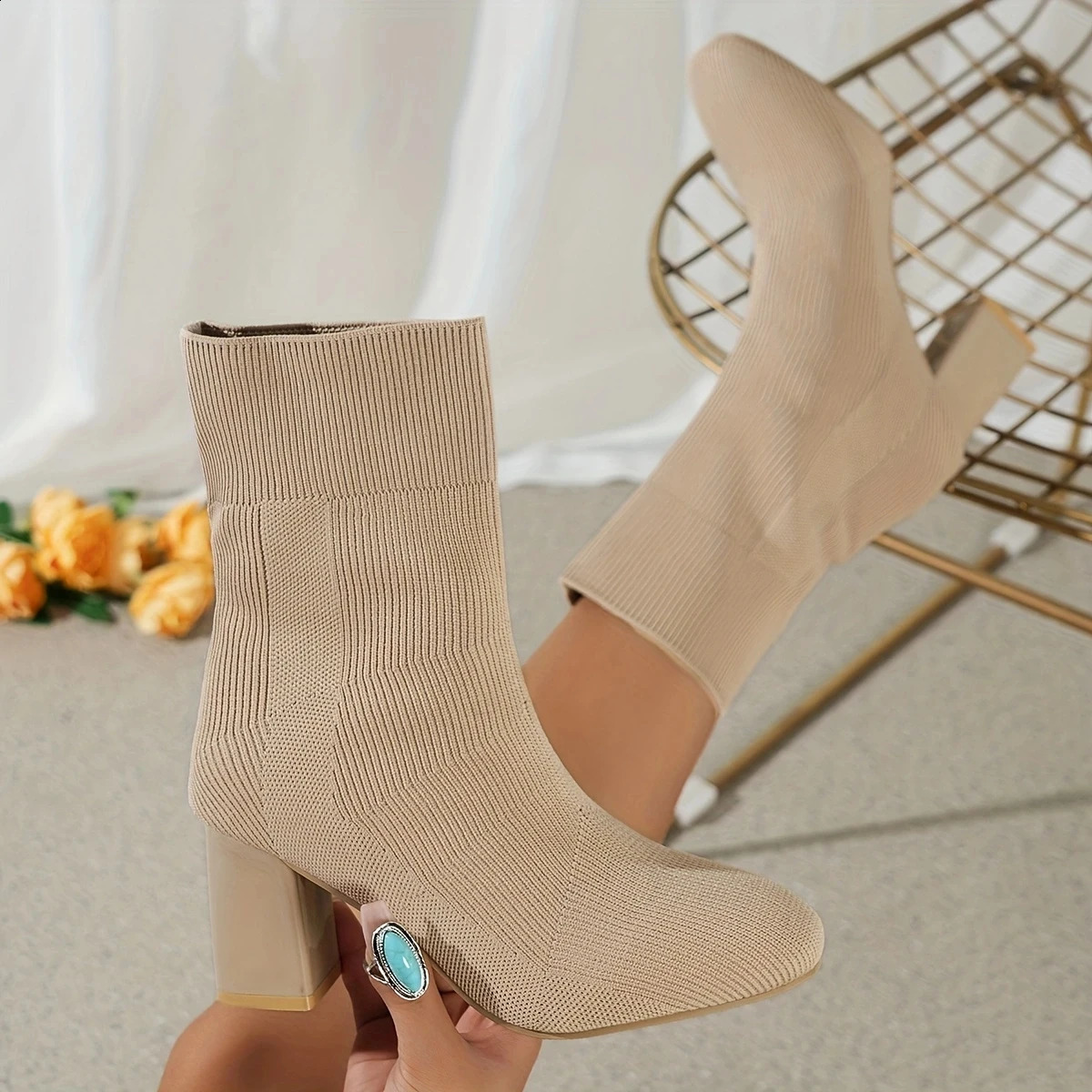 Womens Knitted Ankle Boots Knitted Stretch Fabric Socks Women High Heel Short Boots Pointed Toe Female Ankle Booties 250815