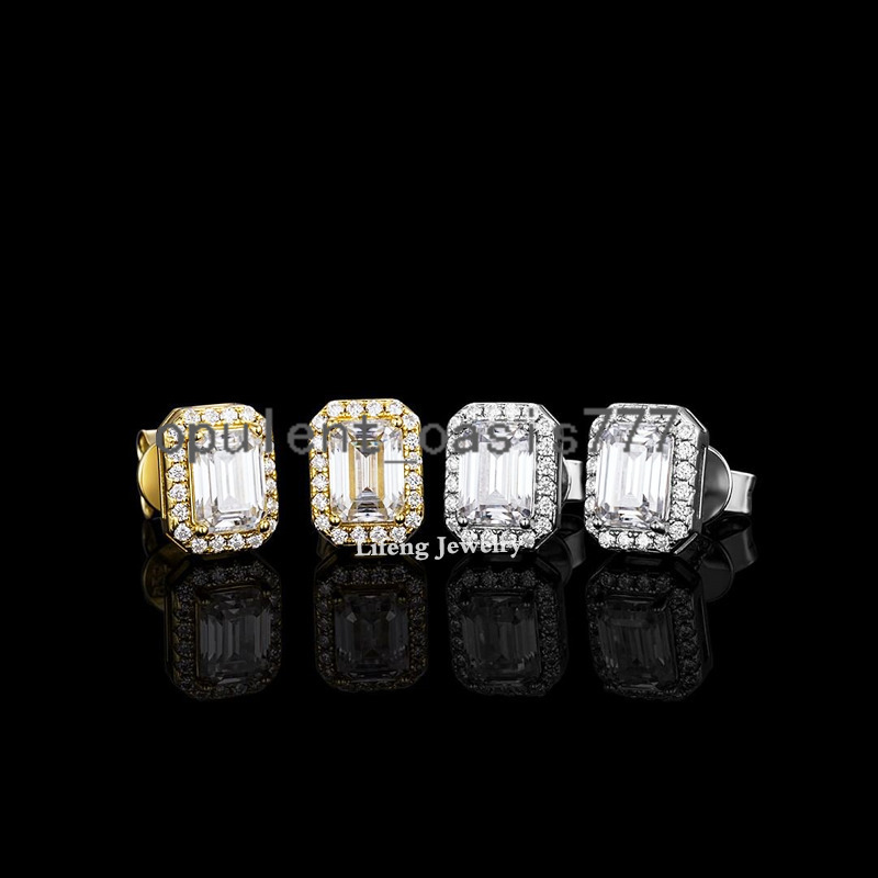 Mens Womens Hip-Hop 925 Silver VVS Baguette Moissanite Stud Earring White Yellow Color With Gold Plating for Parties