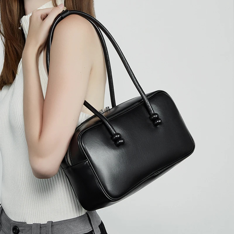 Toptrends Cow Vérine en cuir Bowling Underarm Sacs à bandouliers pour femmes 2025 ans Oreiller Satchel Tote Hands sacs à main 250811